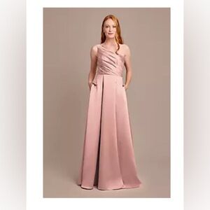 Blush Satin One Shoulder A-Line Pleated Dress